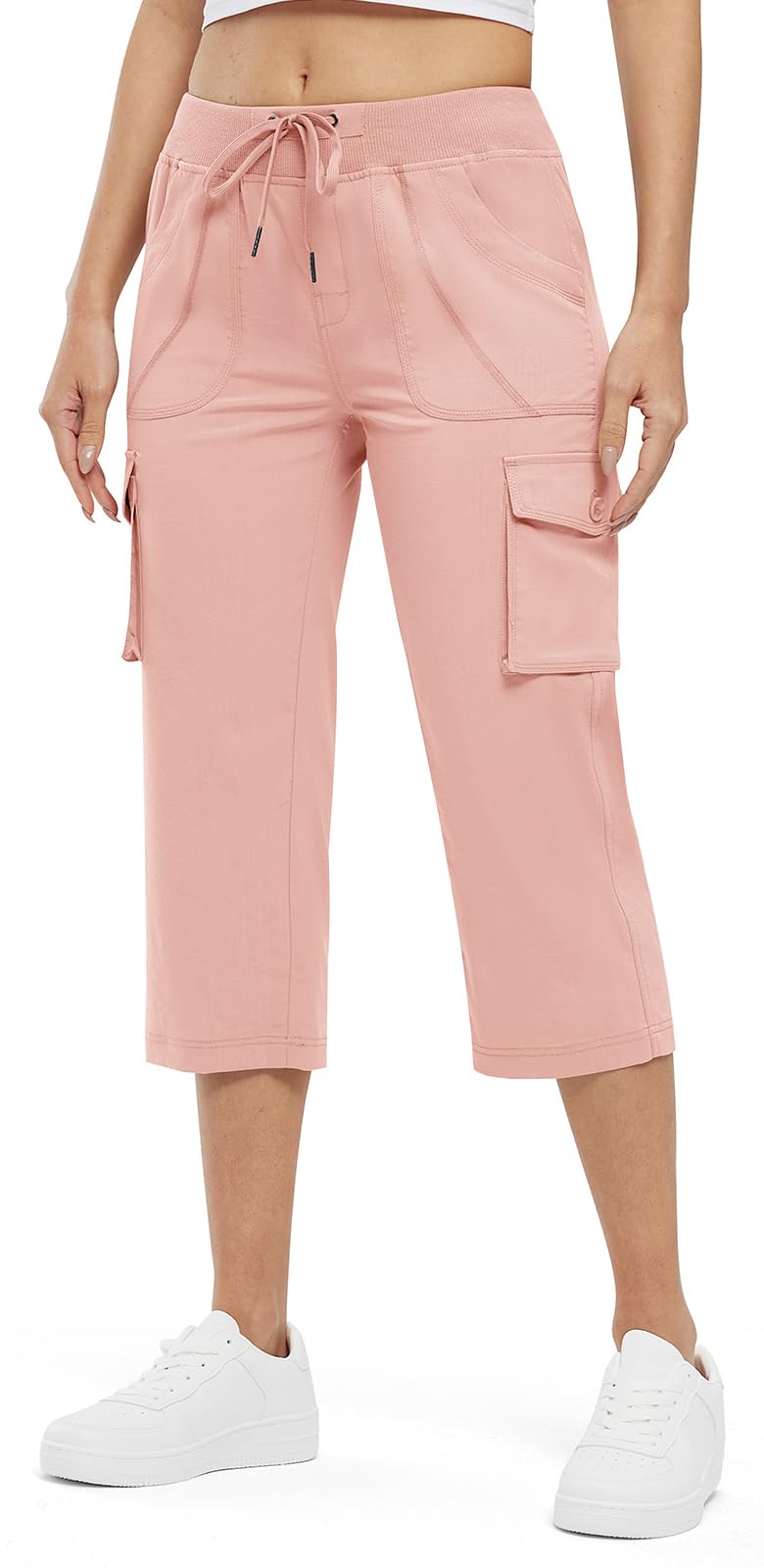 Rdruko Capri Pants for Women with Pockets Lightweight Hiking Summer Pants,Pink, US L
