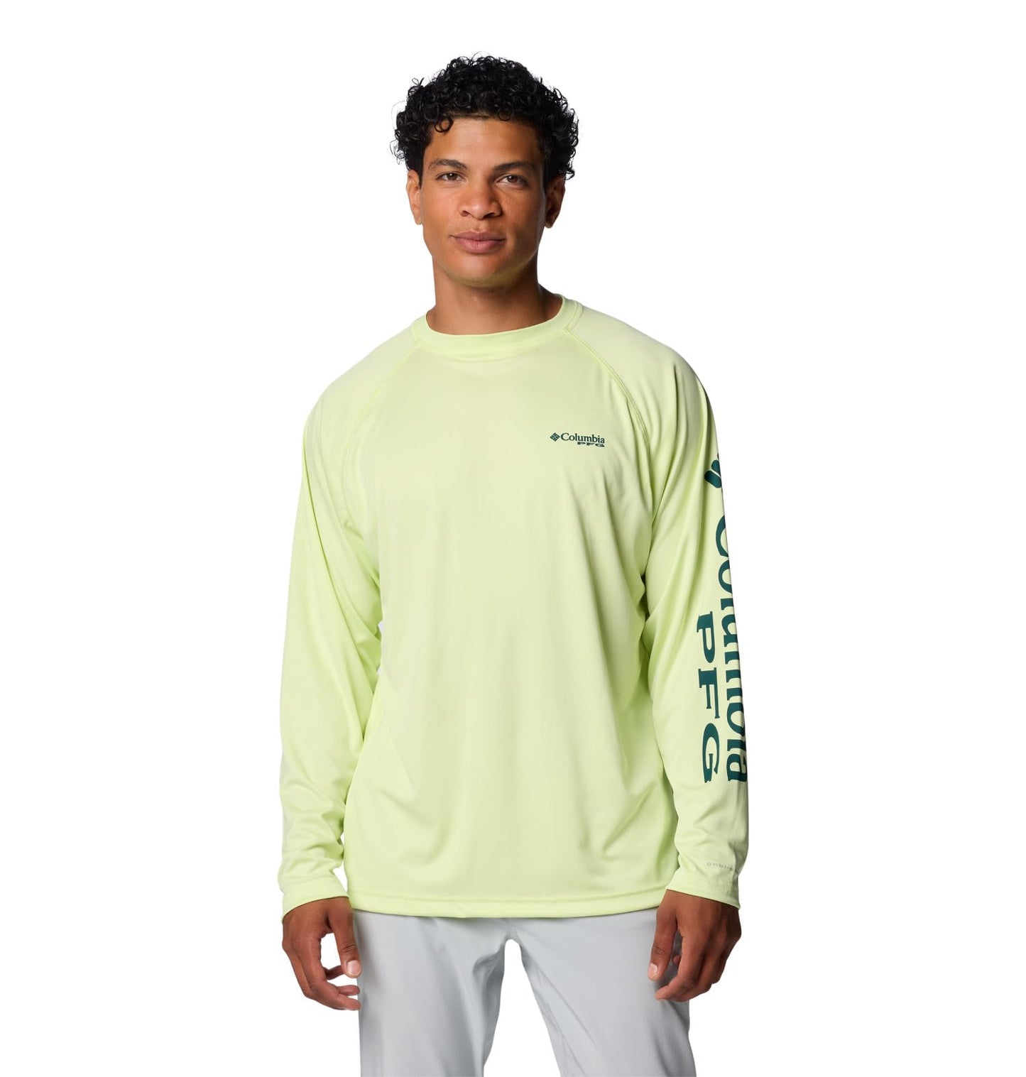 Columbia Men's Terminal Tackle Long Sleeve Shirt, Spring Yellow/Midnight Teal Logo, X-Small