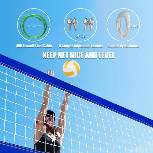 Portable Volleyball Net for Backyard Pool Beach Heavy Duty with 46ft Aircraft Steel Cable, Blue and White Adjustable Volleyball Nets Outdoor, Weather Resistant Material 32x3ft (Poles Not Included)
