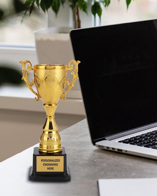 ZALHIN Gold Cup Trophy Award with Custom Engraving, 8.9" Personalized Custom Engraved for Employee Recognition, Sports Trophies, Thanks Gifts (Morning Glory)