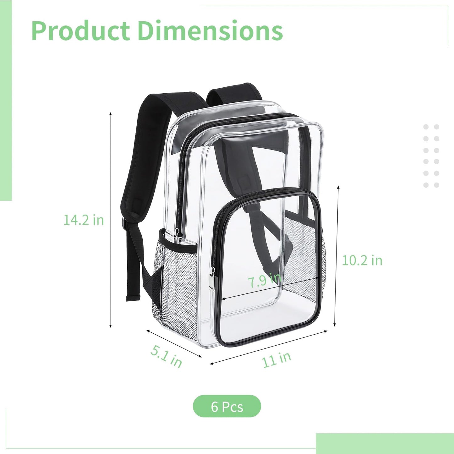 6 Pcs Clear Backpack for Stadium Events, Clear Backpack For Work, Waterproof PVC Zippered Transparent Backpack with Side Pockets, Large Capacity Backpack for Quick Security Check, 14 x 11 x 5 In