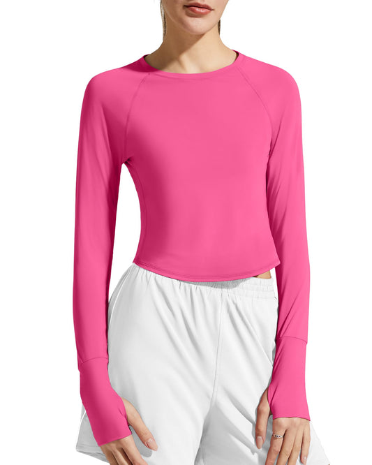 G4Free SPF Shirts for Women Long Sleeve Hiking UV Protection Lightweight Sun Shirt UPF 50+ Thumb Holes Workout Tops Runnings(Hot Pink,L)