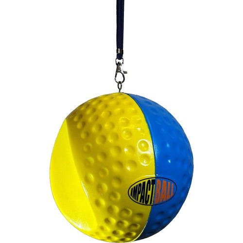 Impact Ball New & Improved, Patented Ultimate Golf Training Aid, Swing Practice Tool with Lanyard, Premium Golf Swing Trainer (Large - Blue/Yellow)