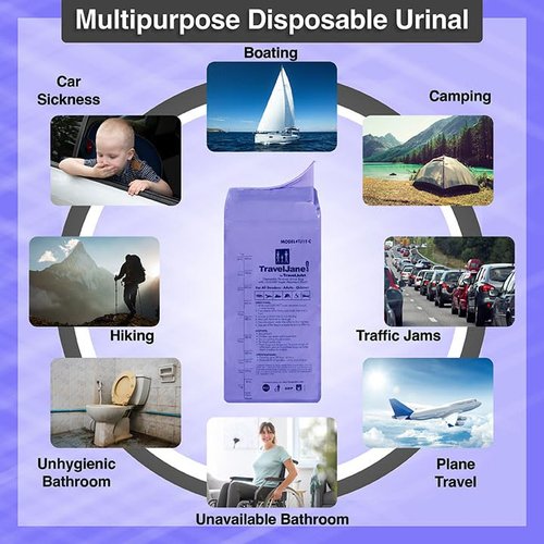 TravelJane Resealable Disposable Urinal for All Genders, Adults, and Children (18 Pack) Designed for Emergencies, Travel, Camping, Long Car Rides and More - 28oz/800ml Capacity (TJ1T-C)