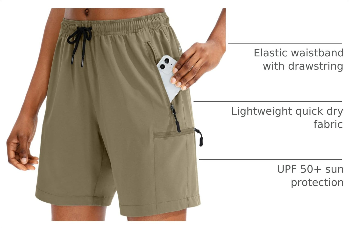 SANTINY Women's 5''/ 7''/9'' Hiking Cargo Shorts Quick Dry Lightweight Summer Shorts for Women Athletic Golf Zipper Pockets(Dusty Khaki_S)