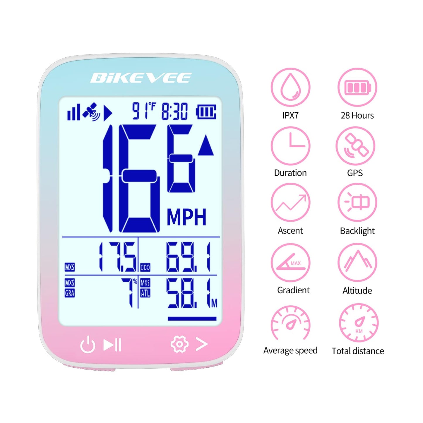 Bikevee GPS Bike Computer Wireless Cycling Computer with Auto Backlight, Bicycle Speedometer Odometer, Waterproof GPS Speed Tracker for Road Mountain Bikes - Pink