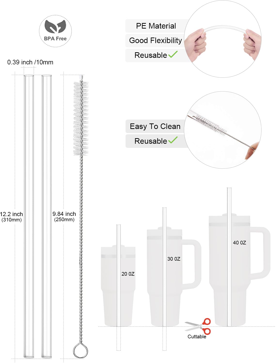 AFKLMNE 6-Pack for Stanley Cup Accessories Set 30/40 Oz Tumbler, 2 Straw Cover, 2 Replacement Straws, 1 Straws Cleaner Brush, 1 Boots, SIlicone Cherry Flower Straw Cap Topper (Cream)