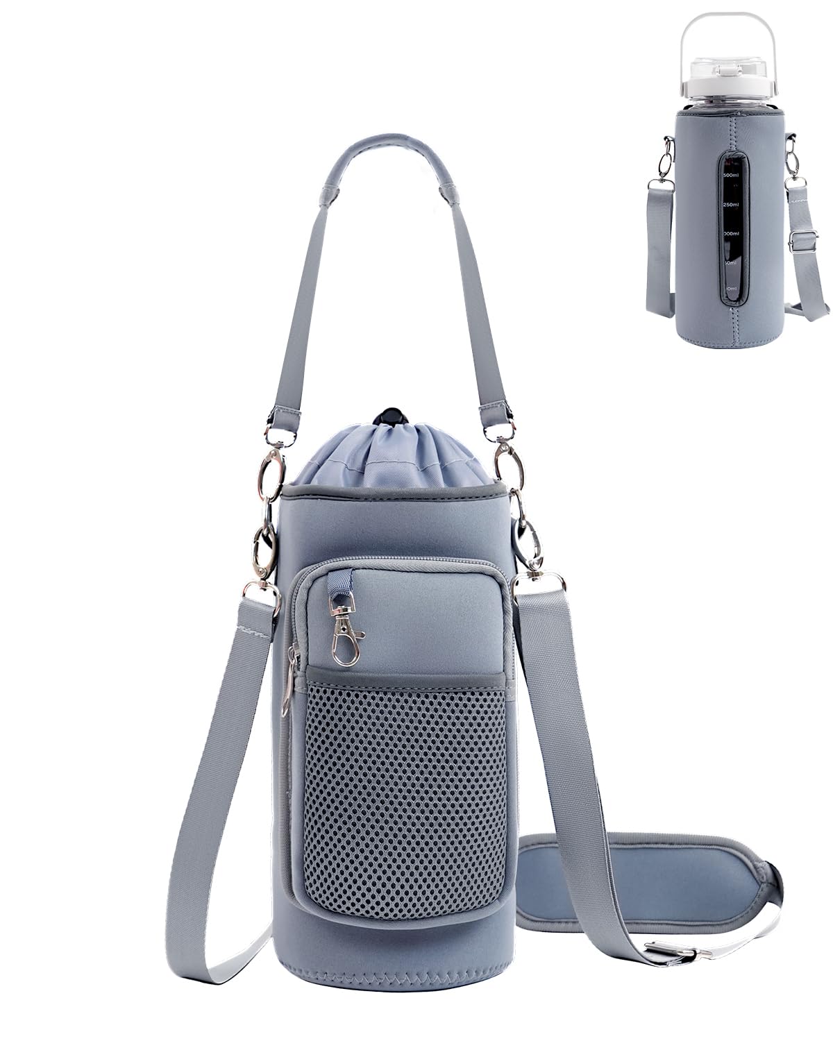 RHDZO Water Bottle Carrier Bag with Strap Insulated Water Bottle Holder with Phone Pocket and Handle 32oz 40oz 50oz Water Bottle Sleeve for Walking Hiking, Blue Gray