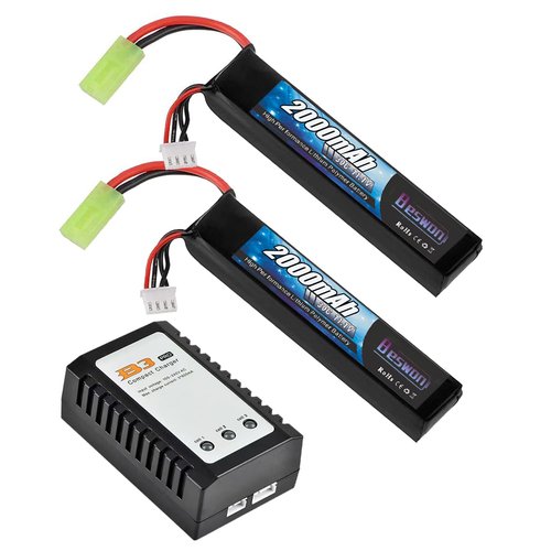 BESWON 2 Packs 11.1V Airsoft Battery 2000mAh 30C Rechargeable Lipo Battery Pack with 2S-3S Balance Charger for Airsoft Guns Rifle