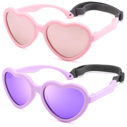 GLARDEFE Kids Heart Polarized Sunglasses - TPEE Rubber Flexible Toddler Sunglasses with Strap for Girls Boys Age 2-8(Pink/Pink Mirror + Purple/Purple Mirror), Medium