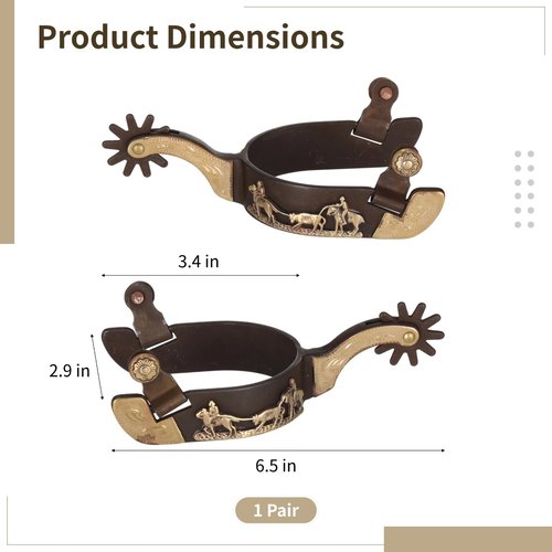 Lnrueg 2 Pcs Western Spurs, Cowboy Boot Spurs with Turnable Gear, Antique Copper and Brass Design with Engraved Trims, Retro Low Carbon Steel Horse Spurs (Black)