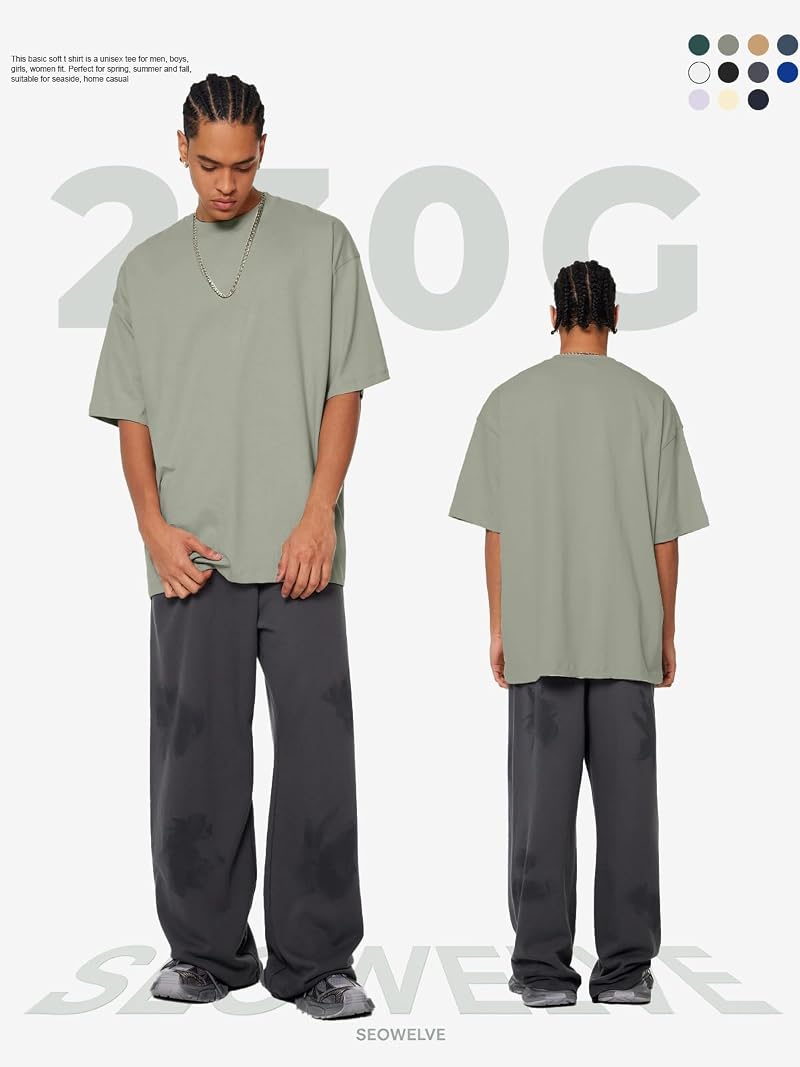 Men's Oversized Cotton Crew Neck T-Shirt - Short Sleeve Basic Tee, Black/Light Green/White, XL