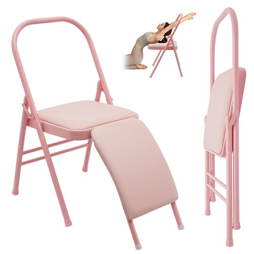 Foldable Yoga Auxiliary Chair, Yoga Chair with Lumbar Back Support for Balance, Posture & Flexibility Training for Home Fitness & Stress Relief (Pink)