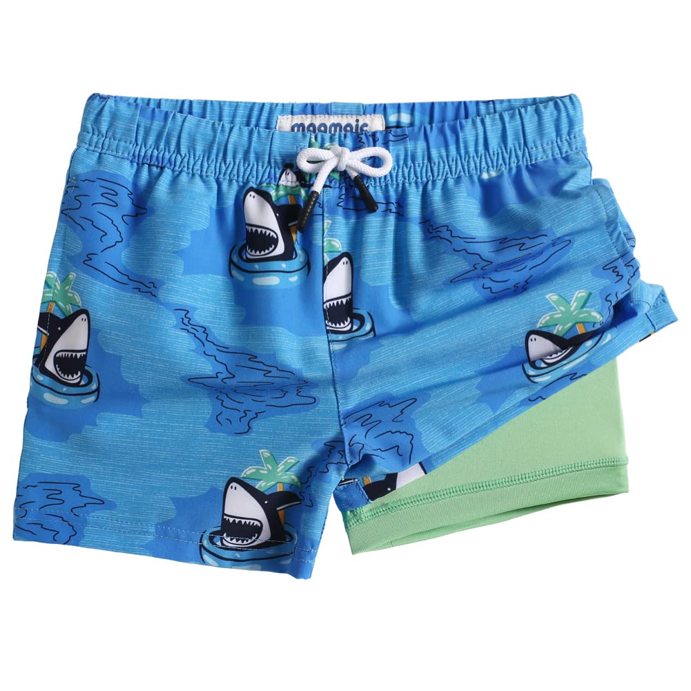 maamgic Boys Swim Trunks with Compression Liner Toddler Boy Swimsuit Quick Dry 4-Way Stretch Swimming Trunks Swim Ring Shark Blue 10-12 Years