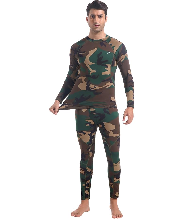 Men's Thermal Base Layer Set - Long Johns, Fleece 95% Polyester 5% Spandex, Camouflage Green, Large