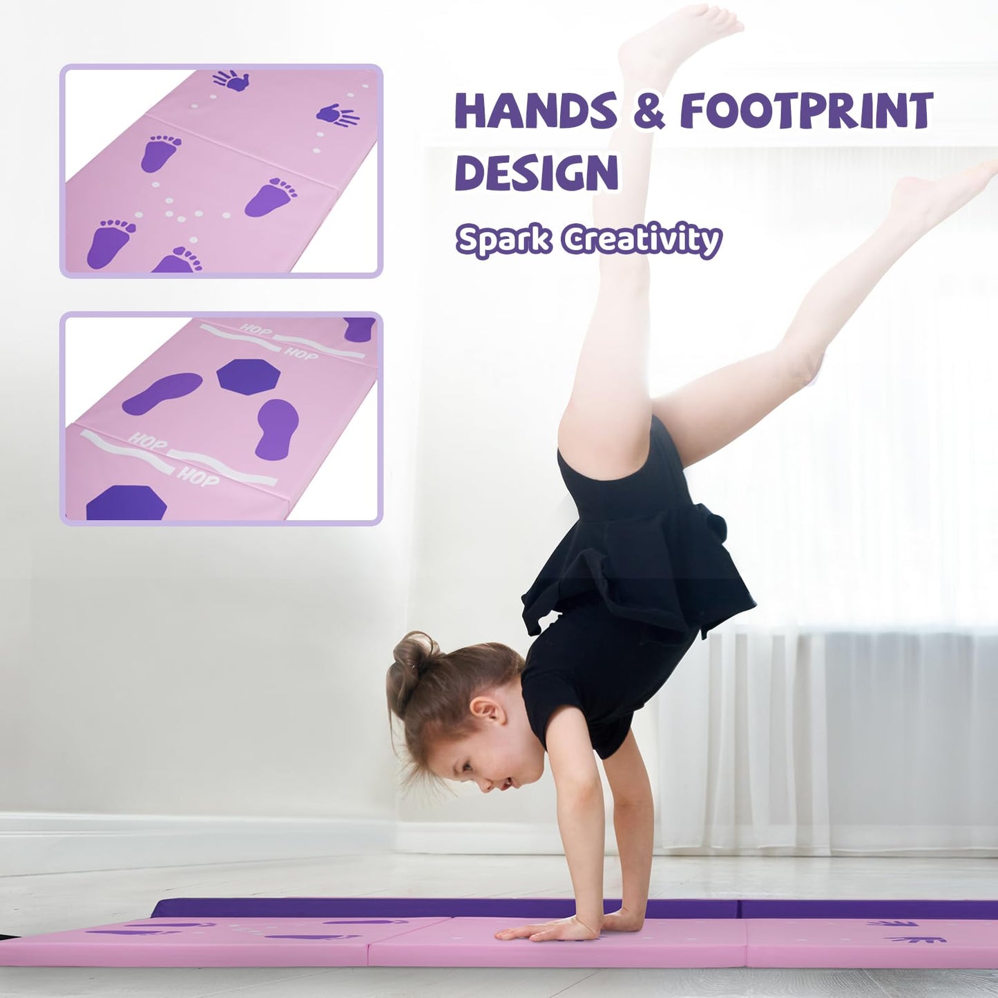 Kangaroo Hoppers Gymnastics Tumbling Mat with Balance Beam - Kids Folding Tumble Mat for Endless Play & Skill-Building, Perfect for Home Gym, Playroom and Backyard Activities, Purple & Pink