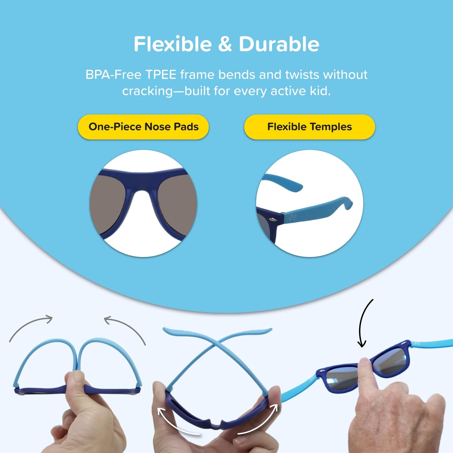Dodoho Age 2–5 Polarized Kids Sunglasses UV400 Protection for Boys & Girls - Adjustable Strap, Flexible, Lightweight, BPA-Free Frame, Wayfarer Design, Beach & Travel Essentials for Kids (Matt Blue)