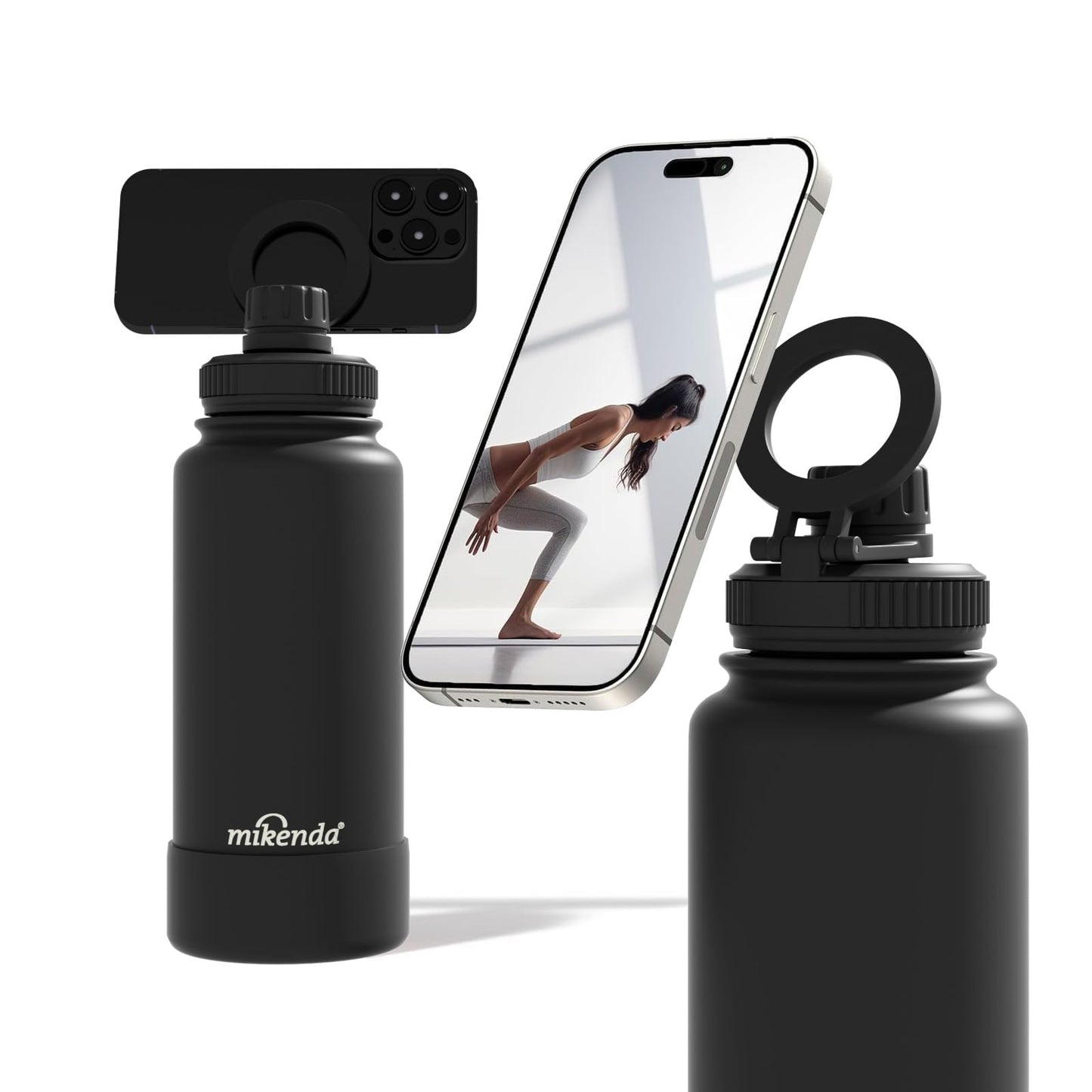 Mikenda 32oz Insulated Tumbler with Magnetic Phone Holder, Gym Water Bottle | Leak Proof Lid, 24hr Cold & 12hr Hot, Non-Slip Base | Travel Mug, Reusable & Eco-Friendly (black, 32, ounces)