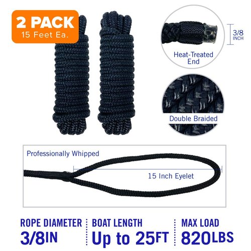 Dock Lines Boat Ropes for Docking, 3/8" Double Braided Mooring Marine Rope, 15ft Nylon Rope with Loop, Black, 2 Pack