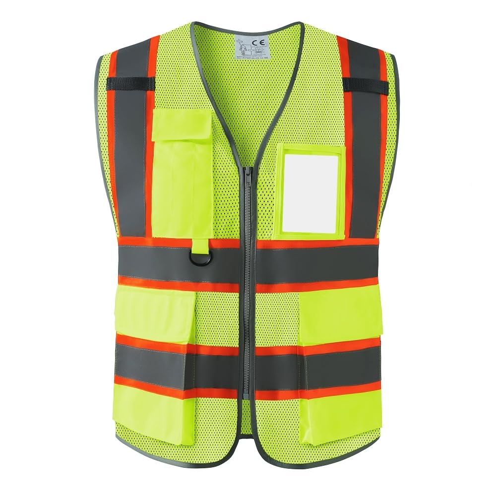 IDOU Yellow Reflective Safety Vest, High Visibility Work Vest for Men Women with 8 Utility Pockets, Zipper & Breathable Mesh/L