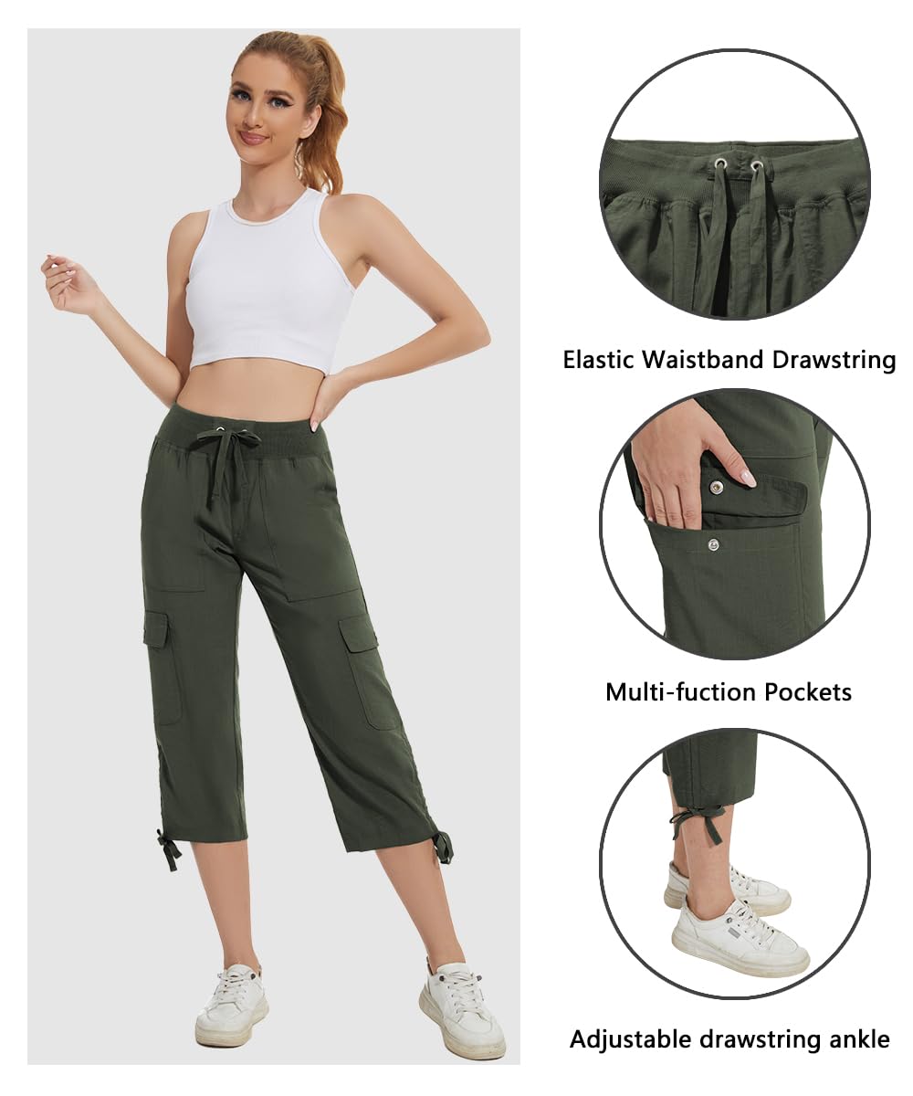 YuKaiChen Women's Capris Hiking Summer Pants Outdoor Athletic Travel Casual Lightweight Quick Dry with Pockets ArmyGreen XL