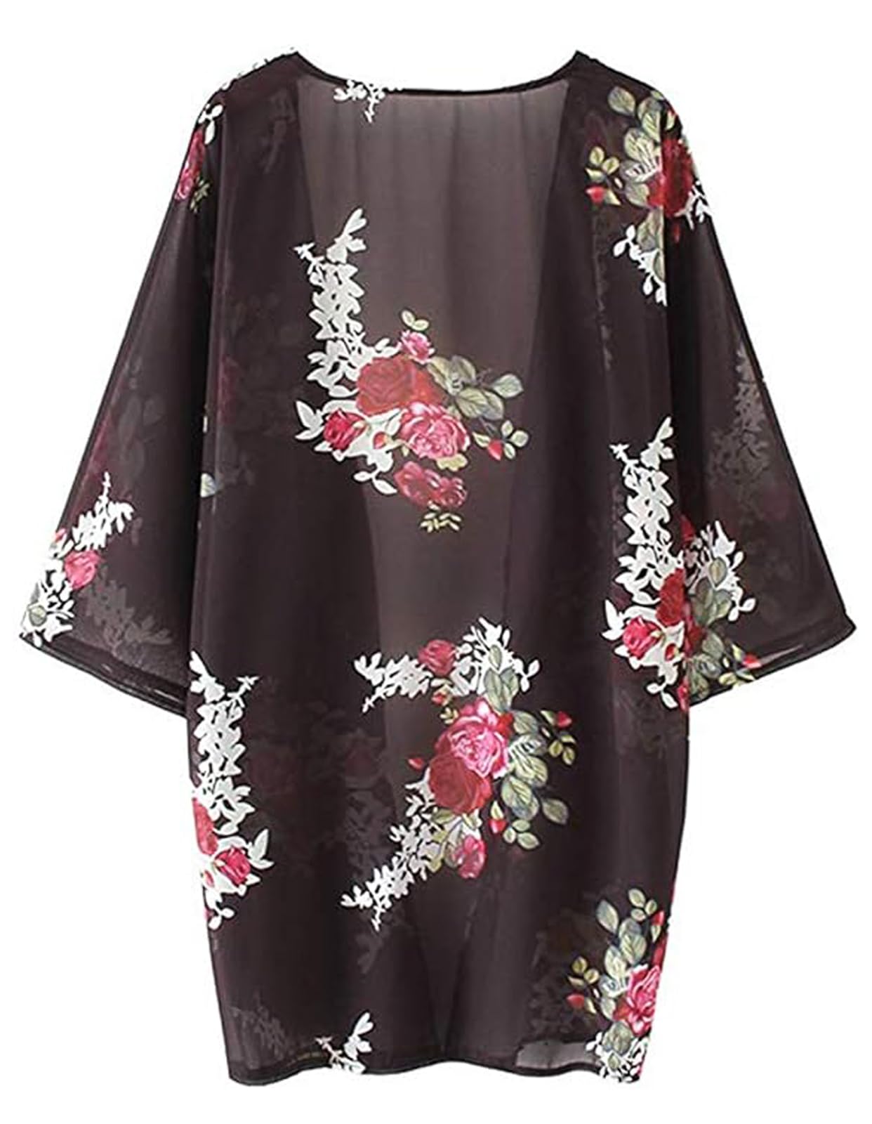 Women's Floral Print Puff Sleeve Kimono Cardigan Loose Cover Up Casual Blouse Tops