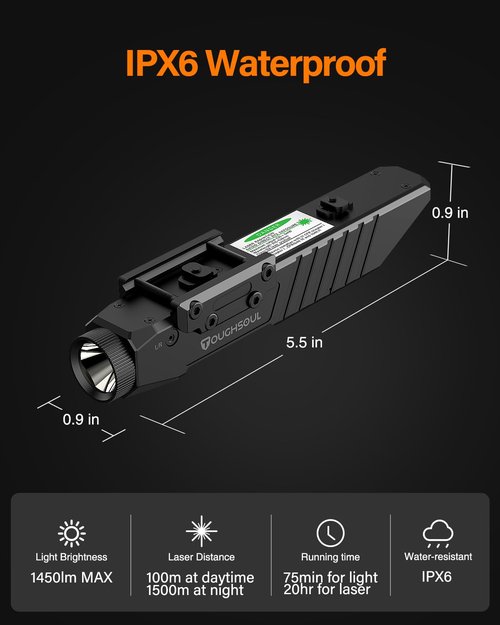 TOUGHSOUL Tactical Flashlight Green Laser Sight Combo, 1450 Lumen Picatinny Rail MLOK Mounted Rechargeable Rifle Flashlight (Green Laser)