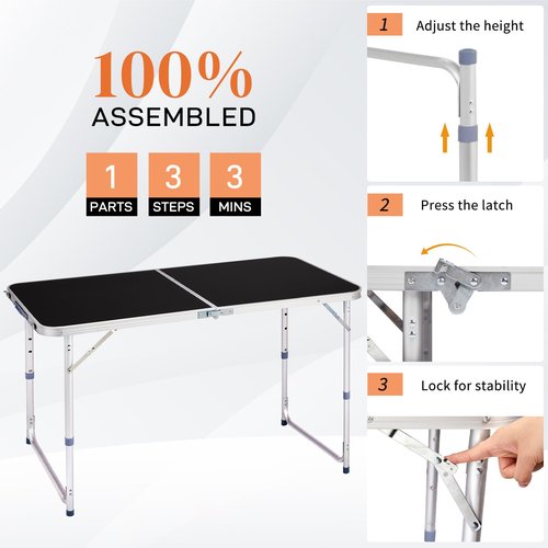 GODECOR 4.0 Ft Folding Portable Camping Table with Three Adjustable Heights, RV Tables for Inside a Camper, Outdoor, BBQ, Dining, Picnic, Cooking, Beach, Garden, Black