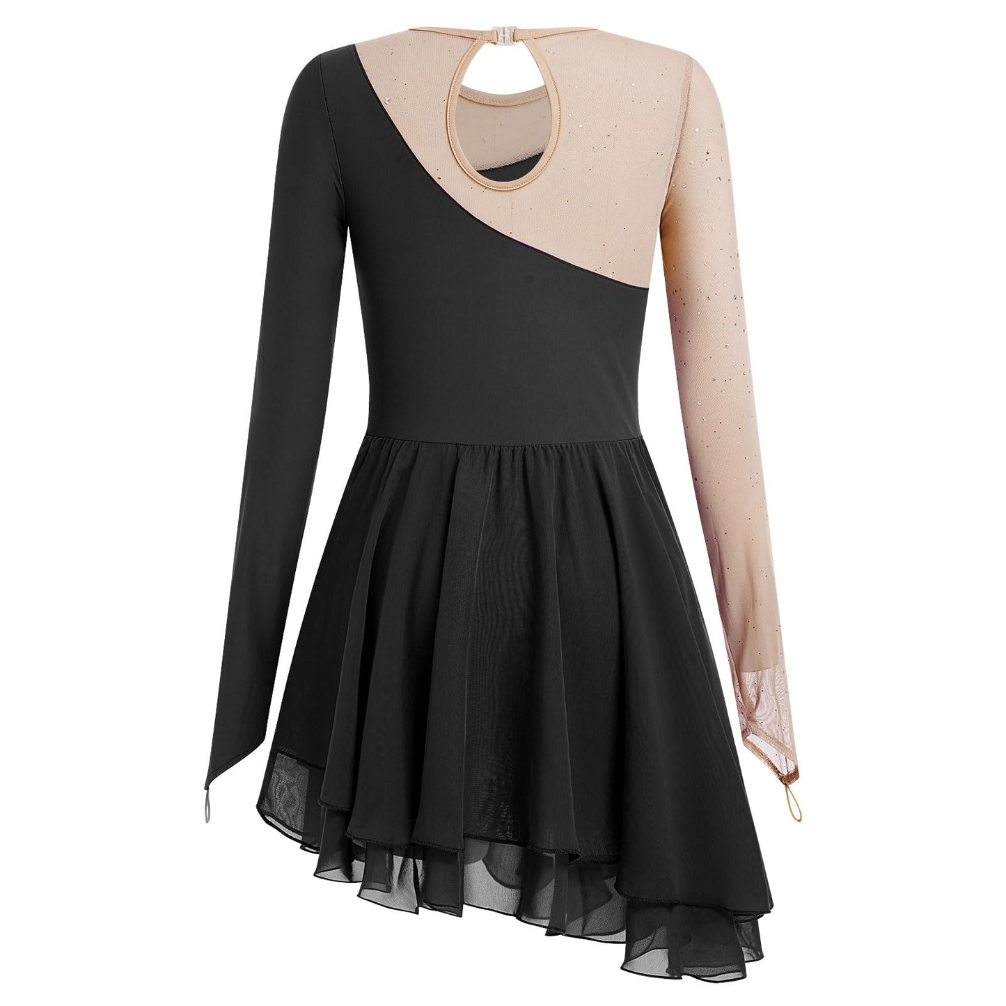 Ice Skating Dress for Women Sparkly Beads Long Sleeve Chiffon Skirt Figure Skating Dresses Adult Rhythmic Gymnastics Leotards Halloween Christmas Ballet Lyrical Dance Outfits Black XS