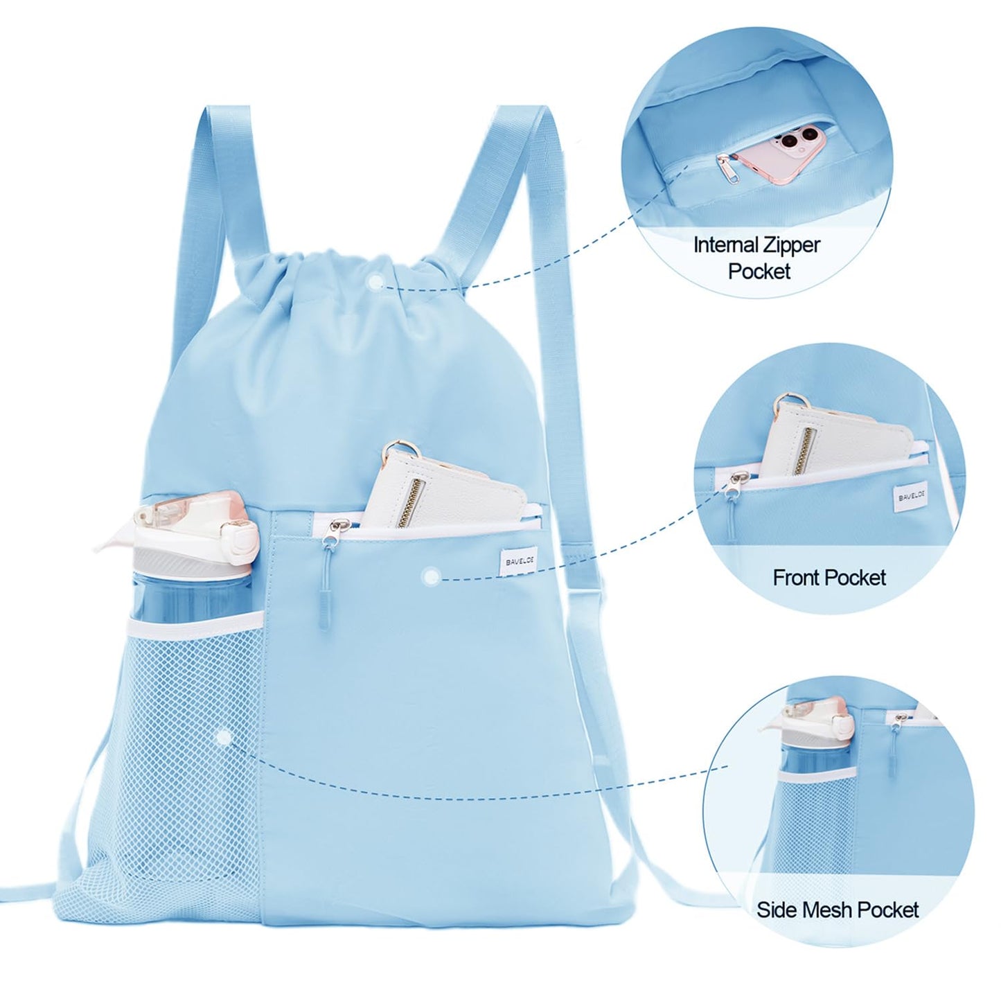 BAVELOE Drawstring Backpack with Mesh Pocket, Sports Gym Sackpack for Women