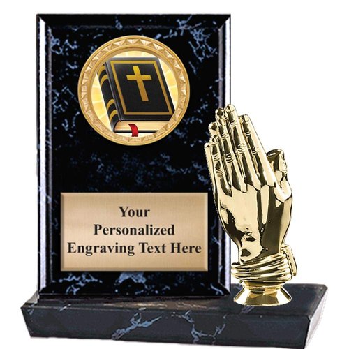 6"X6" Religion Praying Hands Plaque Award, Bible with Cross Trophy with Custom Engraving, Prime
