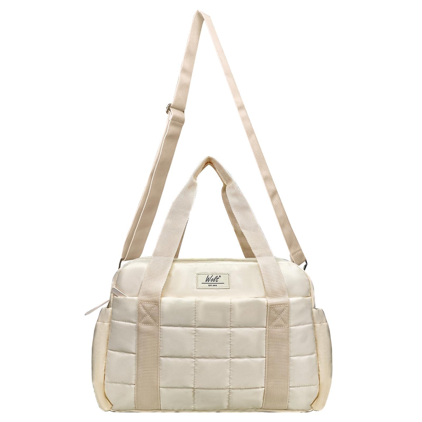 WOLT Small Gym Bag for Women, 14 inch Lightweight Gym Duffle Bag with Wet Compartment Quilted Tote for Sports Workout, Beige
