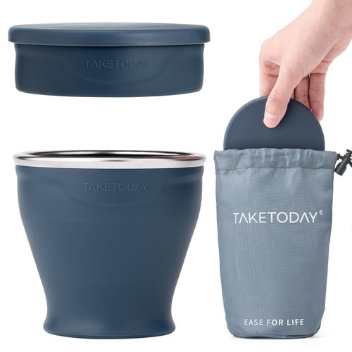 Collapsible Travel Cup - Silicone Foldable Water Cup, BPA-Free with Lid & Waterproof Bag - Drinking Cup Set for Camping, Outdoors & International Travel（8 Oz, Navy）