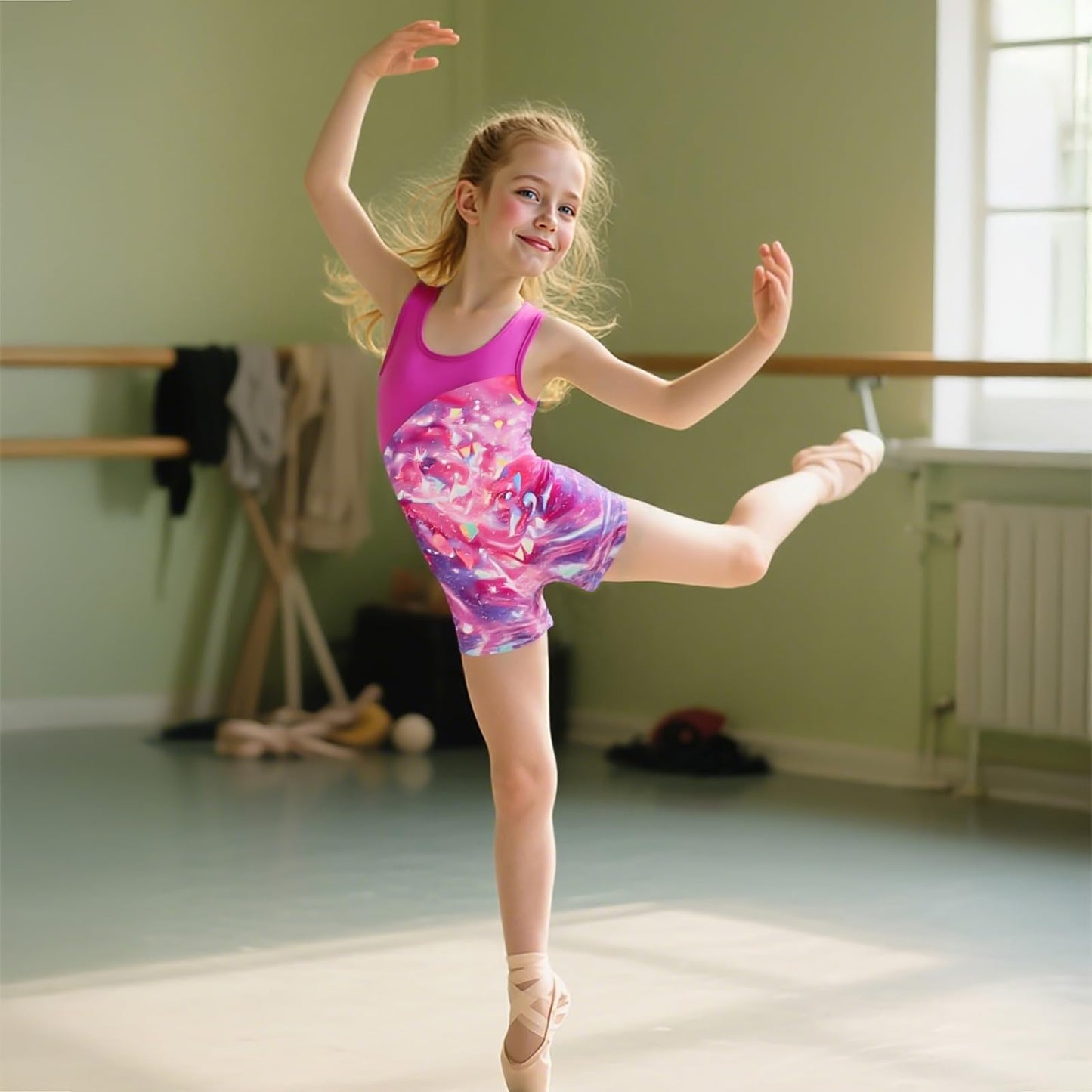 uideazone Pink Glaxy Leotards for Girls Gymnastics Criss-Cross Strap Dance Unitards Biketards One-Piece Athletic Tumbling Outfits Size 7 8