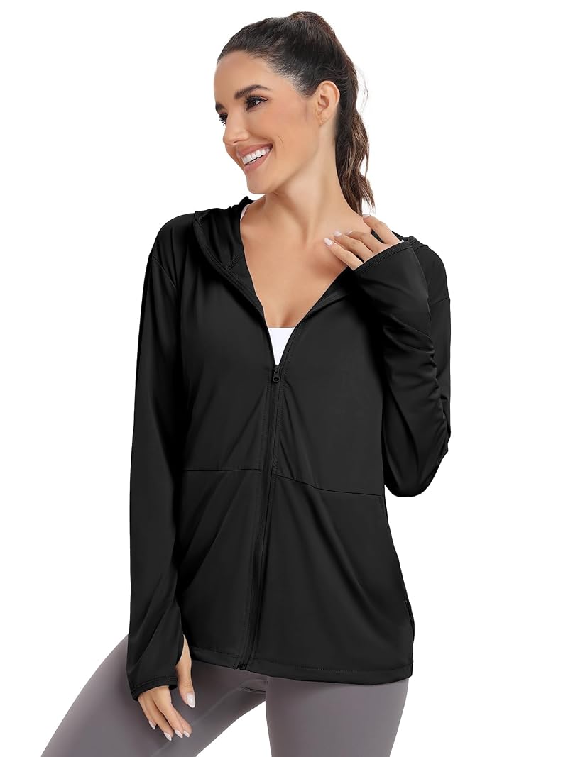 Womens UPF 50+ Sun Protection Hoodie Jacket Long Sleeve Sun Shirt - Hood Black Large