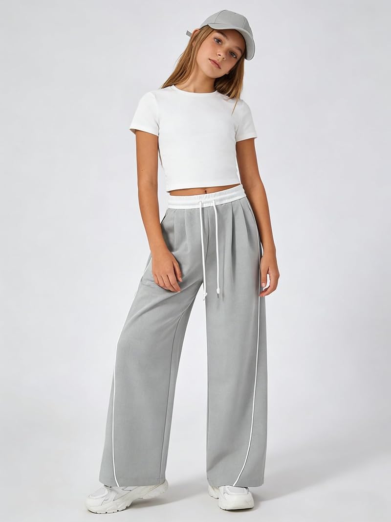 2 Pack Kids Sweatpants Wide Leg High Waist with Pockets – Black & Grey, 7-14 Years