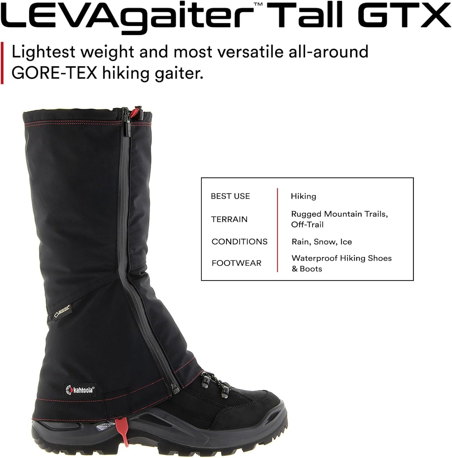 Kahtoola LEVAgaiter Tall GTX Gaiters, Waterproof Gore-TEX Shoe & Boot Protection for Mountaineering, Off-Trail Hiking in Mud, Snow & Ice