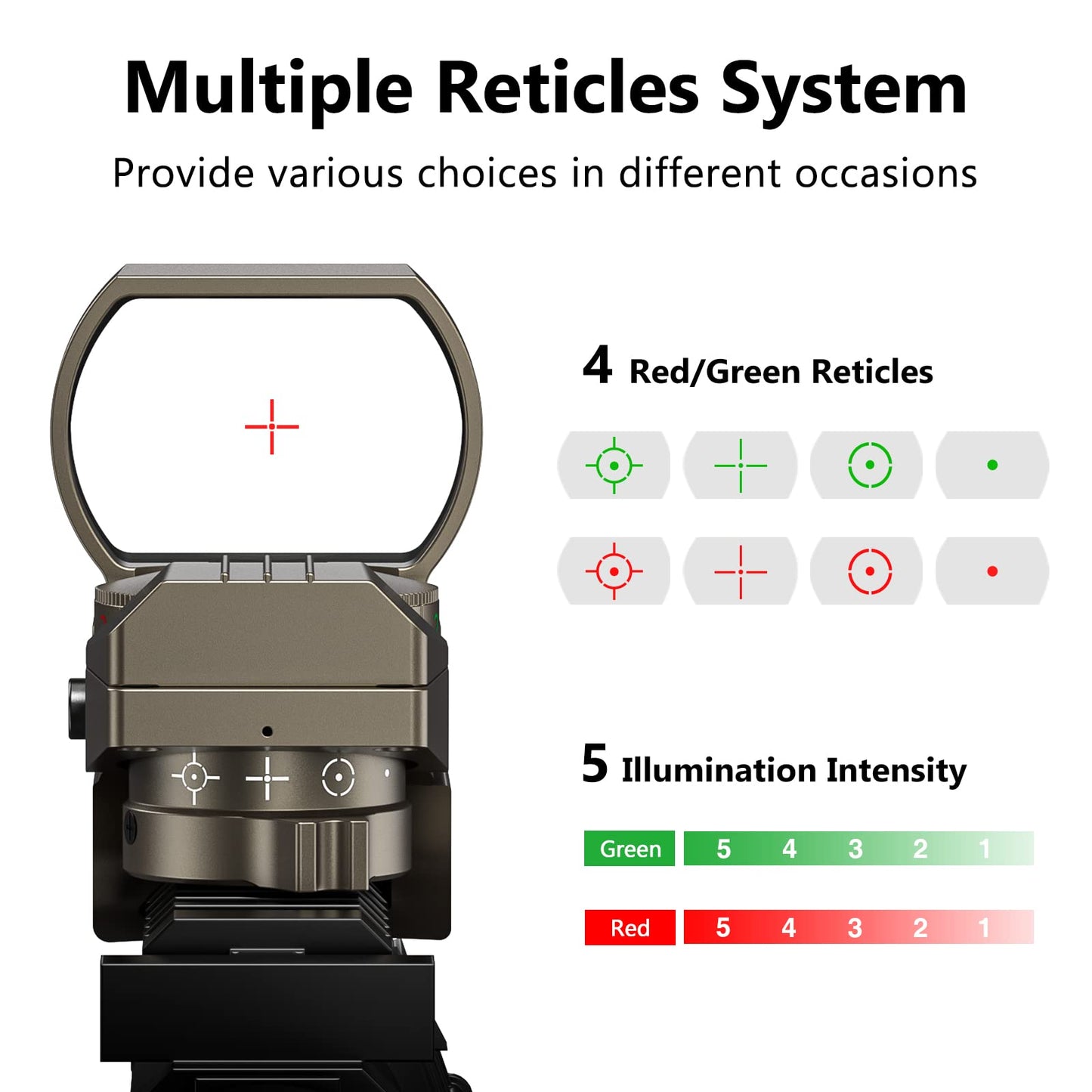 CVLIFE Red Dot Sight, Red Green Reflex Sight with 4 Adjustable Reticles for 20mm Rail, Grey