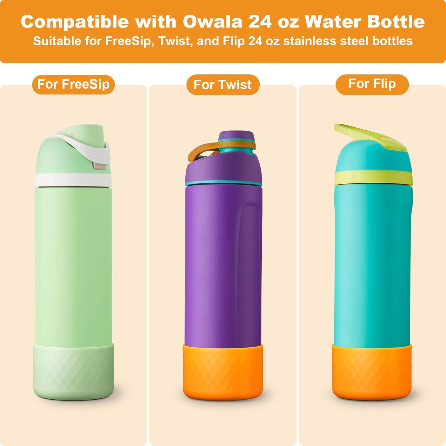 Alwenid 2PCS Silicone Water Bottle Boot for Owala 24 Oz, Anti-Slip Protective Sleeve Bottom Bumper Protector for FreeSip, Twist, and Flip Stainless Steel Water Bottles (Light Green+Orange)