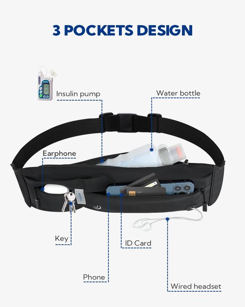 WATERFLY Running Belt Fanny Pack: Runner Marathon Jogging Waist Pack Sport Workout Exercise Fitness Phone Holder Belt for Men Women Jogger Slim Waistband Black