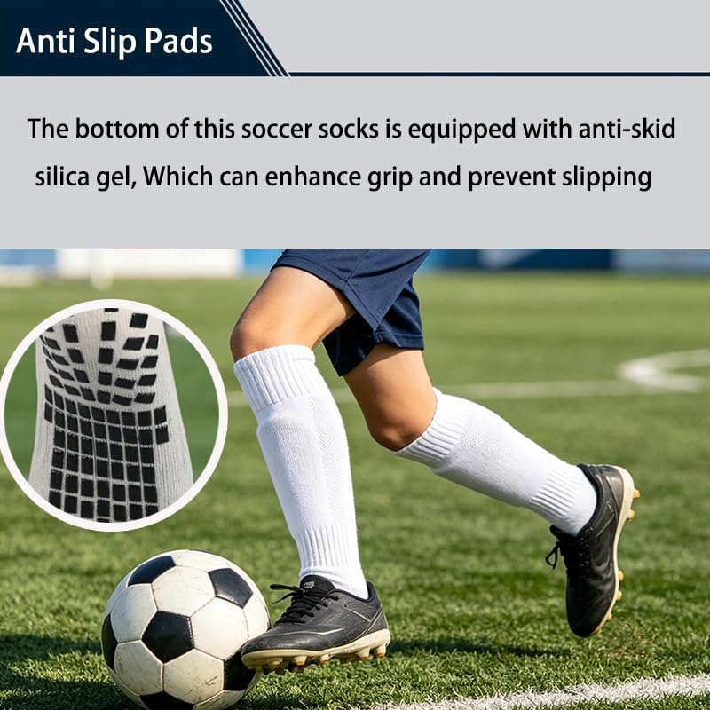Kids Soccer Socks with Shin Guard Sleeves Set - Black and White, Anti-Slip Grip, Ages 7-14