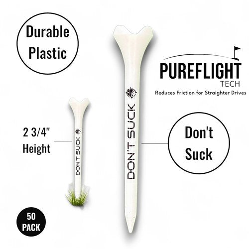 Don't Suck Golf Tees 2 ¾” – 50 Pack Durable Plastic 4-Prong Funny Golf Tees with PureFlight Tech – Low Resistance for Straighter, Longer Drives I Golf Gift – Reusable Tee Pouch Included
