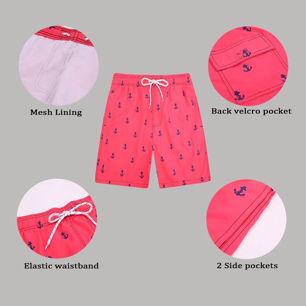FREDRM Mens Swim Trunks Quick Dry Boardshorts with Mesh Lining Above Knee Swimwear Bathing Suits (Pink Anchor, M)