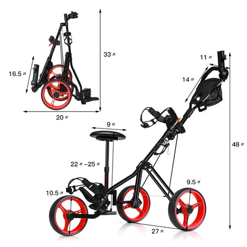 GYMAX Golf Cart, Foldable 3 Wheel Golf Push Cart with Detachable Seat, Umbrella Holder & Scoreboard, Portable Lightweight Golf Pull Cart, Golf Bag Trolley for Golf Clubs (Red)