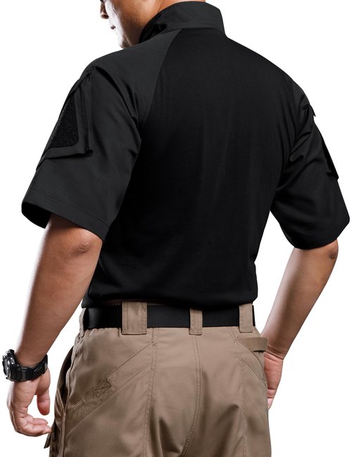 Vzteek Men's Combat Tactical Shirt Military-Airsoft-Paintball-Camping Gear Army Security Clothes with 2 Pockets(BK T-Shirt/2 Pockets,L)