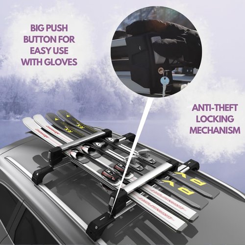 Erkul Ski Rack for Car Roof with Sliding Extension - 25" Universal Ski & Snowboard Rack with Lock | Holds 4 Pairs of Skis or 2 Snowboards - Fits All Types of Cross Bars
