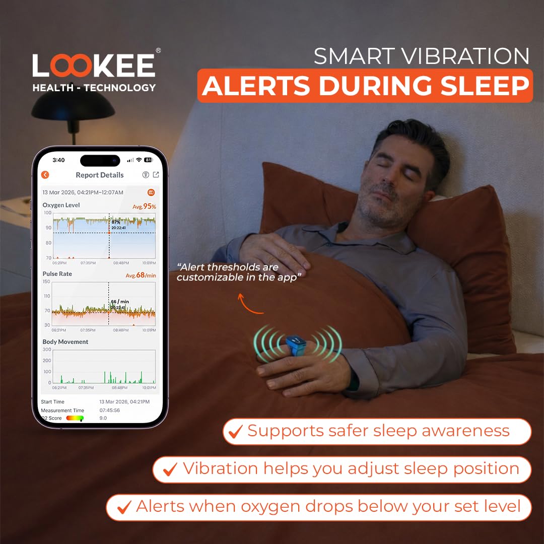 LOOKEE O2-Tracker Ring Continuous Pulse Oximeter - Wearable Oxygen Monitor with Vibration Reminder for Low O2 - Rechargeable Blood Oxygen Saturation SpO2 Meter - Free APP with Reports