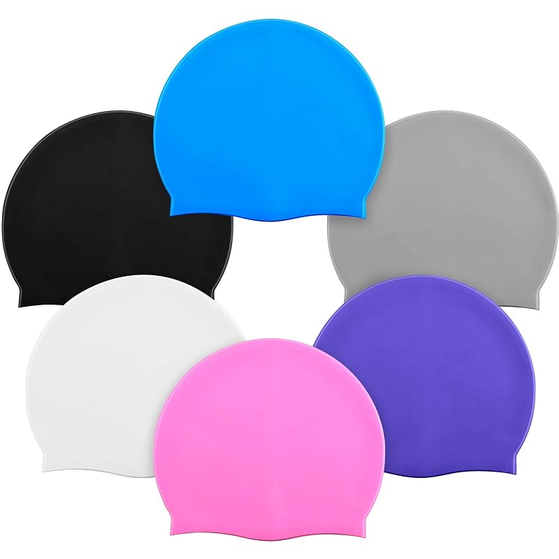 Syhood 6 Pcs Silicone Swim Caps - Unisex 6 Color Set: Black, Gray, White, Blue, Purple, Pink