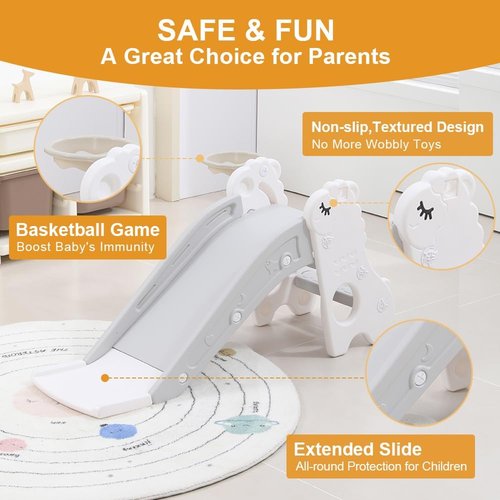 Toddler Slide for Kids Indoor Baby with Climber Ball Pit Slide in Pearl White Kids Indoor Freestanding Playset with Basketball Hoop