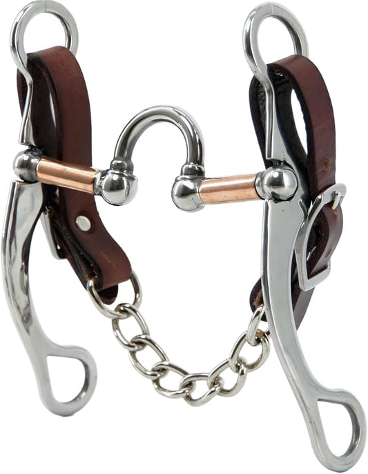 Jeereal Stainless Steel Western Horse Correction Bit with Leather Single Flat Link Chain Curb Strap, 5" Mouth | 7.7" Cheek | 0.5" Mouth Thickness
